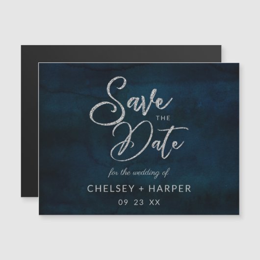 Carte Magnétique Marine Luster Dark Blue Silver Wedding Enregistrer (Devant / Derrière)