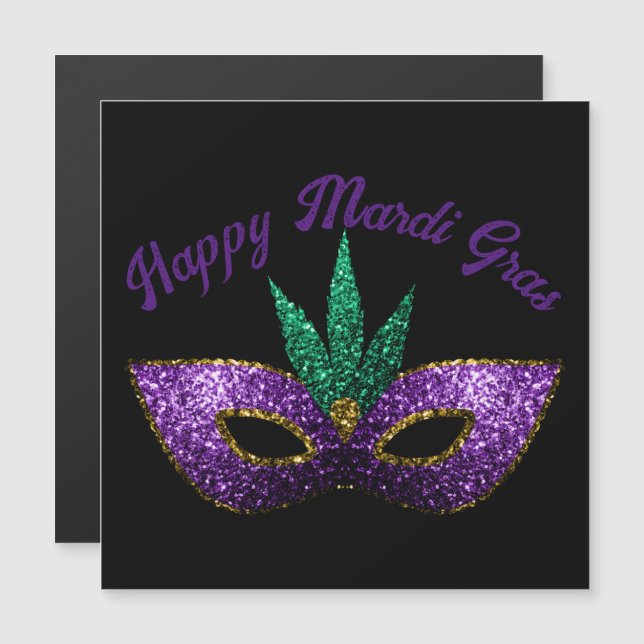 Carte Magnétique Masque vert pourpre Étincelles Joyeux Mardi Gras (Devant / Derrière)
