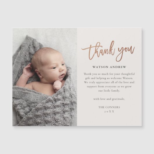 Carte magnétique Merci bébé écriture Rose Gold (Devant)