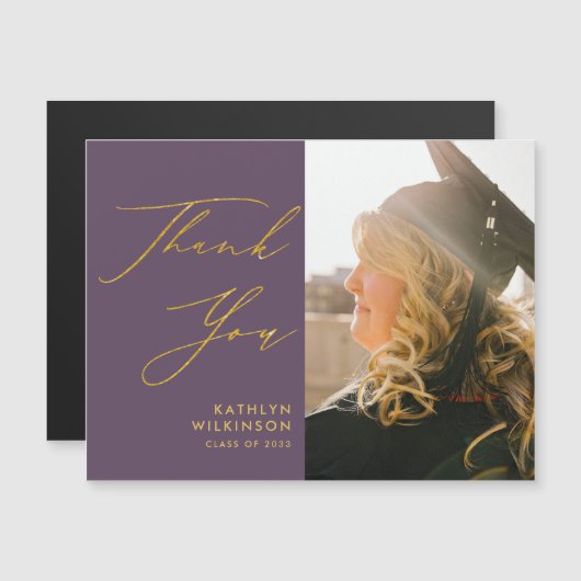 Carte Magnétique Merci de graduation Mauve Elegant Gold Script (Devant / Derrière)