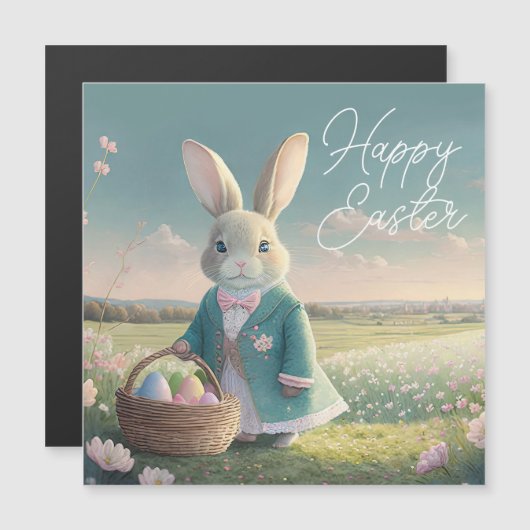 Carte Magnétique Mignonne lapin de Pâques en petite veste bleue (Devant / Derrière)