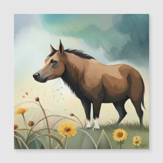 Carte Magnétique Mignonne poney brun dans le champ floral (Devant)