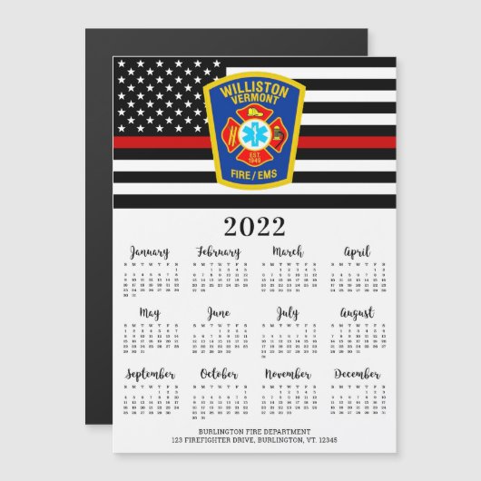 Carte Magnétique Mince Red Line Fire Department Logo 2022 Calendrie (Devant / Derrière)