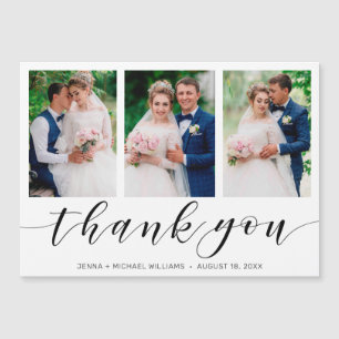 Carte Magnétique Modern 3 Photo Collage Mariage de script noir Merc