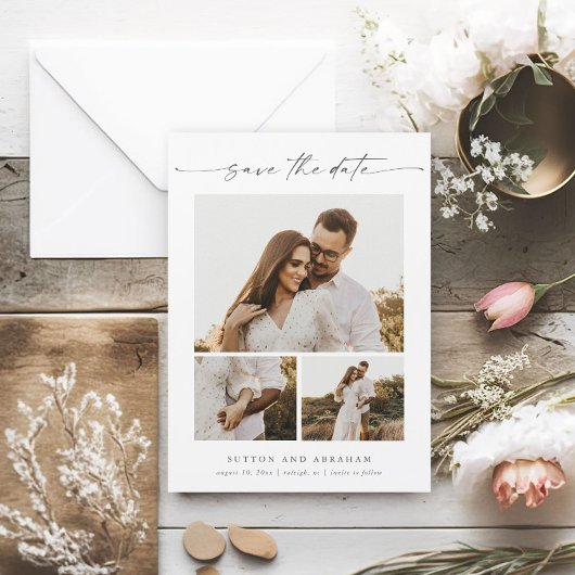 Carte Magnétique Modern Script 3 Photo Wedding Enregistrer la date
