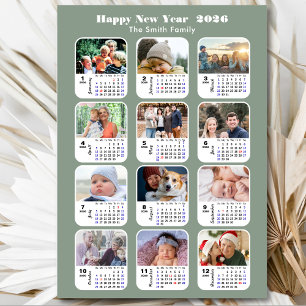 Carte Magnétique Moderne Sage Green 2026 Calendrier 12 Photo Magnét