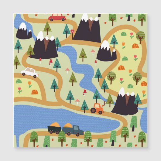 Carte Magnétique Montagnes, rivières, forêt, motif automobile. (Devant)