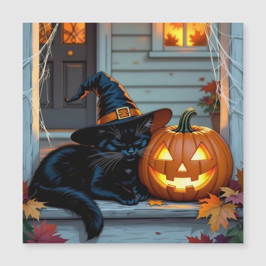 Carte Magnétique Nappage de chat noir sur Halloween Citrouille (Devant)