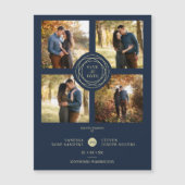 Carte Magnétique Navy Gold 4 Photos Modern Collage Wedding Script (Devant)