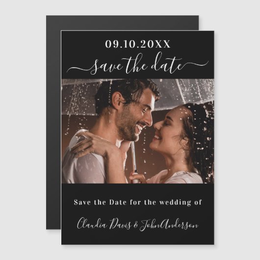 Carte Magnétique Noir script photo mariage enregistrer la date aima (Devant / Derrière)