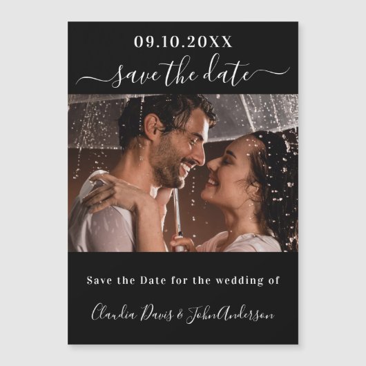 Carte Magnétique Noir script photo mariage enregistrer la date aima (Devant)