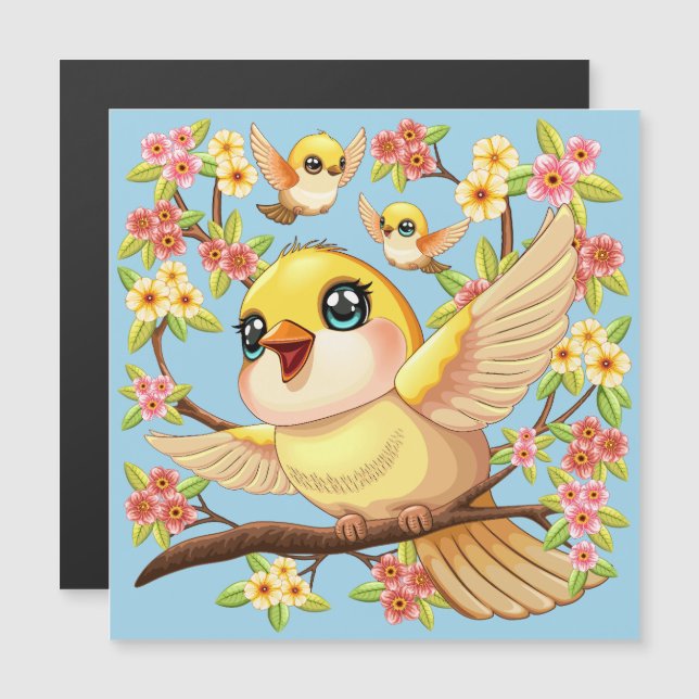 Carte Magnétique Oiseaux mignons et heureux parmi les fleurs du pri (Devant / Derrière)