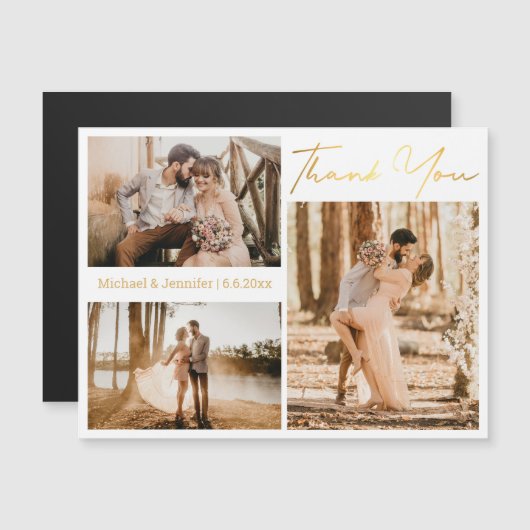 Carte Magnétique or merci 3 photos collage mariage aimant (Devant / Derrière)