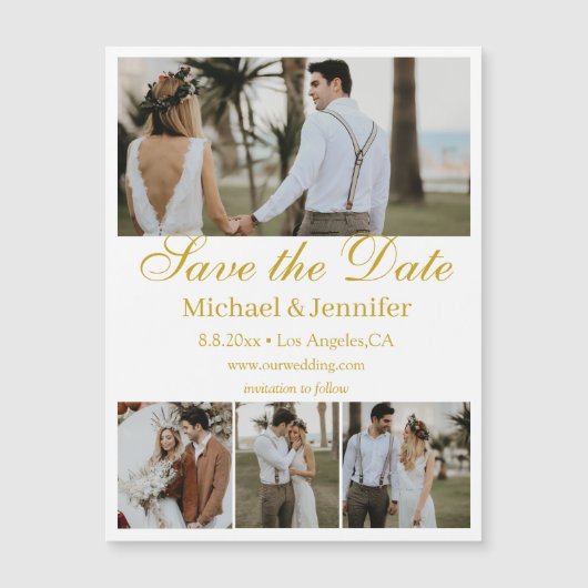 Carte Magnétique or script 4 photos collage enregistrer la date aim (Devant)