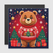 Carte Magnétique Ours mignon en pull de Noël (Devant / Derrière)