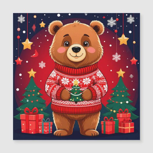 Carte Magnétique Ours mignon en pull de Noël (Devant)