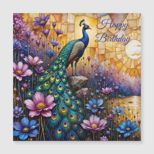 Carte Magnétique Paon dans un paysage floral, aimant d'anniversaire