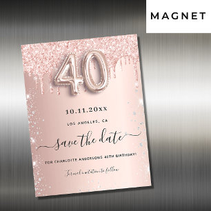 Carte Magnétique parties scintillant rose de 40e anniversaire enreg