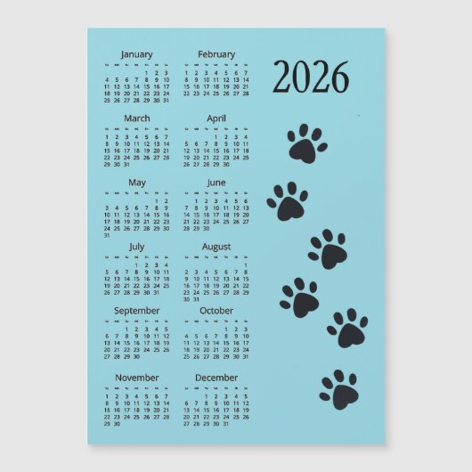 Carte Magnétique Pawprints Design 2026 Calendar Magnetic Card (Devant)