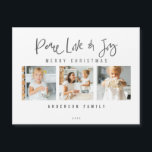Carte Magnétique Peace Love & Joy Joyeux Christmas Photo Collage<br><div class="desc">Le design à l'avant consiste en une typographie ludique et cursive de "Paix,  Amour et Joy Joyeux Noël". Ajoutez une photo personnalisée de votre famille et ajoutez le nom de famille et l'année. Ce design est moderne,  chic,  ludique et amusant.</div>