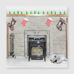 Carte Magnétique Peinture de chiot Keeshond Noël par la cheminée