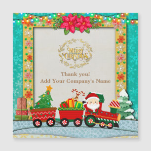 Carte Magnétique Père Noël dans un train avec des cadeaux et un sap
