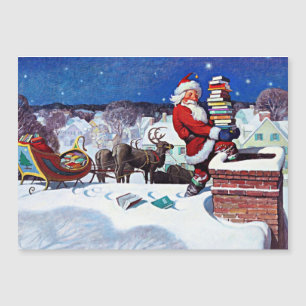 Carte Magnétique Père Noël descendant la cheminée avec une cargaiso
