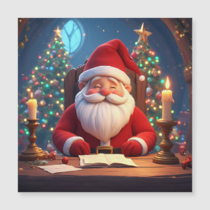 Carte Magnétique Père Noël lisant un livre à la lumière d'une bougi