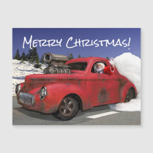 Carte Magnétique père Noël Waving Driving Old 1941 Rusty Hotrod Cou