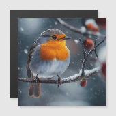 Carte Magnétique Petit oiseau rouge perché sur une branche en hiver (Devant / Derrière)