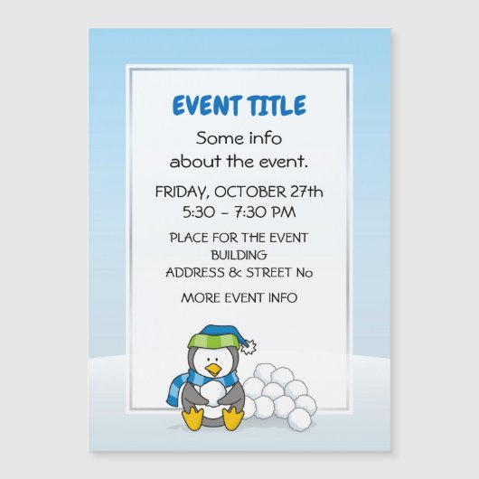 Carte Magnétique Petit pingouin assis avec des boules de neige (Devant)