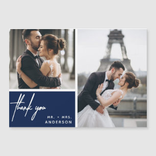 Carte Magnétique Photo moderne Collage Mariage Marine Merci bleu
