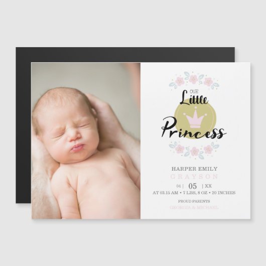 Carte Magnétique Pink Floral Garland Princess Crown Newborn Girl (Devant / Derrière)