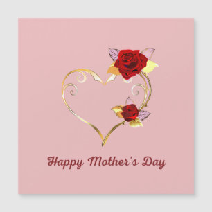 Carte Magnétique Pink Happy Mother's Day Gold Heart Red Roses Card