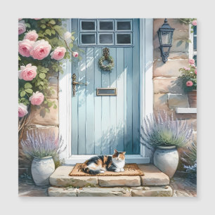 Carte Magnétique Porche Floral Cottagecore avec Chat Calico Magnéti