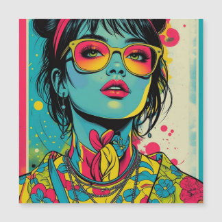 Carte Magnétique Portrait Neon Pop Diva - Art rétro gras et dynamiq