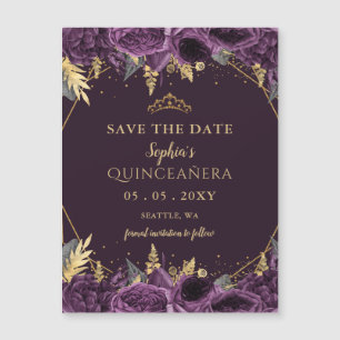 Carte Magnétique Purple Gold Floral Quinceañera Enregistrer la date