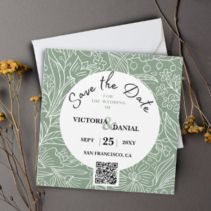 Carte Magnétique QR Code Modern Green Floral Calligraphy Wedding