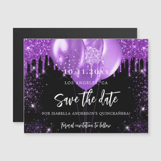 Carte Magnétique Quinceanera noir violet ballons enregistrer la dat (Devant / Derrière)