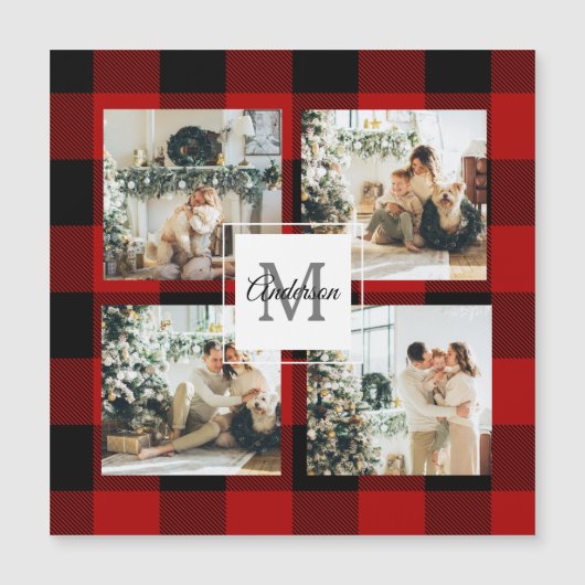 Carte Magnétique Red Buffalo Plaid & Collage Photo Avec Initiale (Devant)