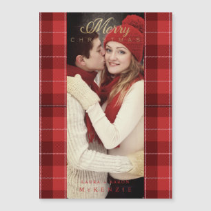 Carte Magnétique Red Tartan Plaid First Joyeux Noël Photo