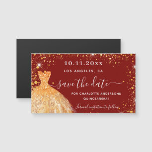 Carte Magnétique Robe or rouge Quinceanera sauver l'aimant date