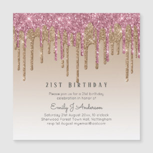 Carte Magnétique Rose goutte Parties scintillant or 21ème anniversa