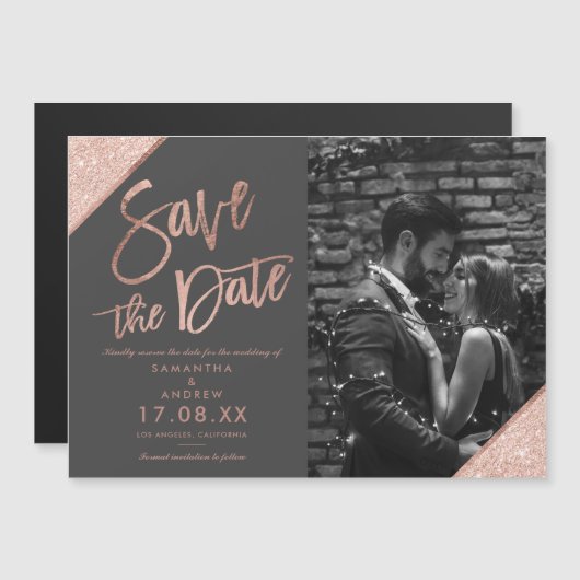 Carte Magnétique Rose or parties scintillant script gris photo enre (Devant / Derrière)