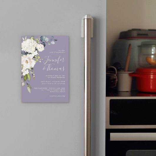 Carte Magnétique Roses blanches élégantes et Hydrangées sur Lavende