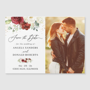 Carte Magnétique Rouge Blanc Floral Chic Wedding Enregistrer la dat