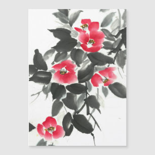 Carte Magnétique Rouge camellia suie encre et aquarelle peinture