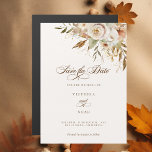 Carte Magnétique Rustic Automne Rose Script Enregistrer la date<br><div class="desc">Le charme d'un mariage d'automne est capturé dans ce design élégant avec roses aquarelle et verdure dans les couleurs chaudes de l'automne de terre cuite, ivoire, rouille, châtaignier, bleu poussiéreux et vert sauge avec des touches de feuille d'or scintillent. Cette conception comporte également des graphiques texte uniques dans une police...</div>