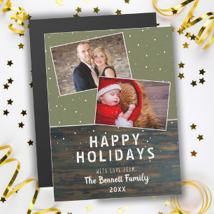 Carte Magnétique Rustic Dark Wood Snow Holiday 2 Photo Collage Card