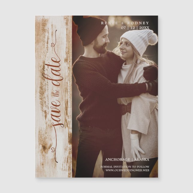 Carte Magnétique Rustic Wood Effet Mariage Photo Typographie modern (Devant)